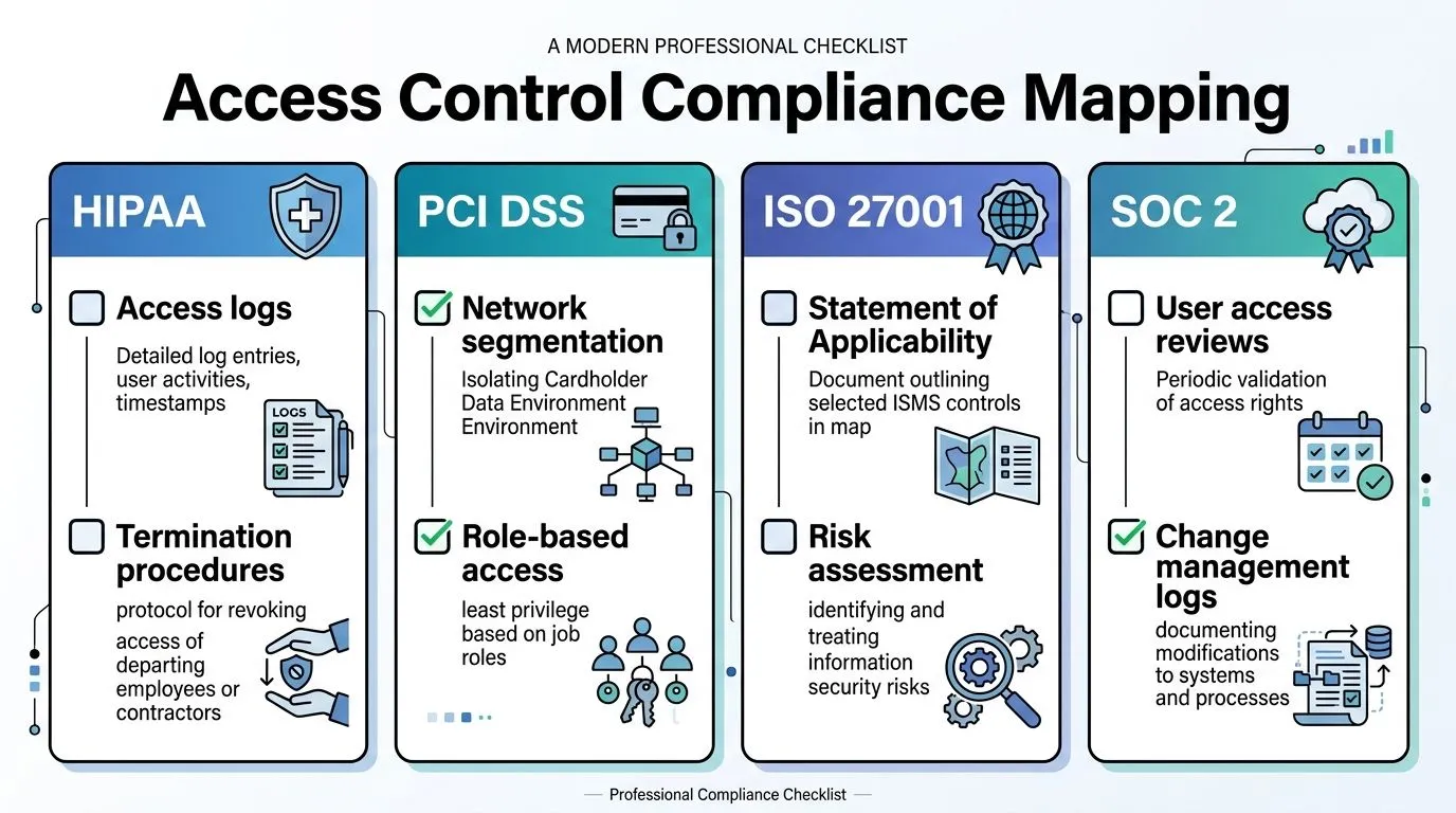 A professional checklist infographic detailing access control requirements for HIPAA, PCI DSS, ISO 27001, and SOC 2 compliance.