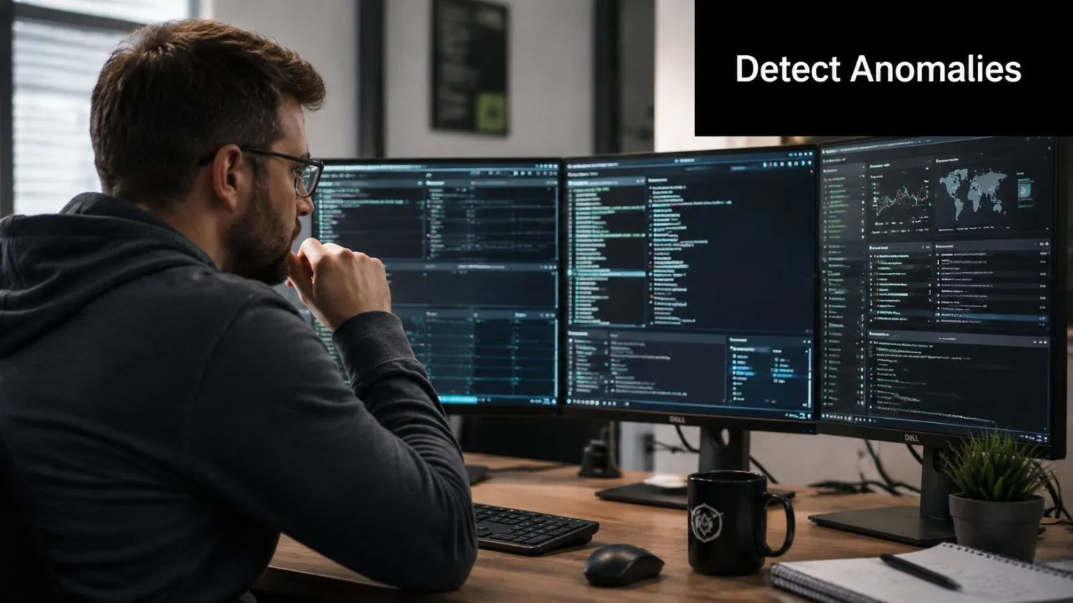 A professional developer analyzing complex data and code on multiple computer monitors in a modern office.