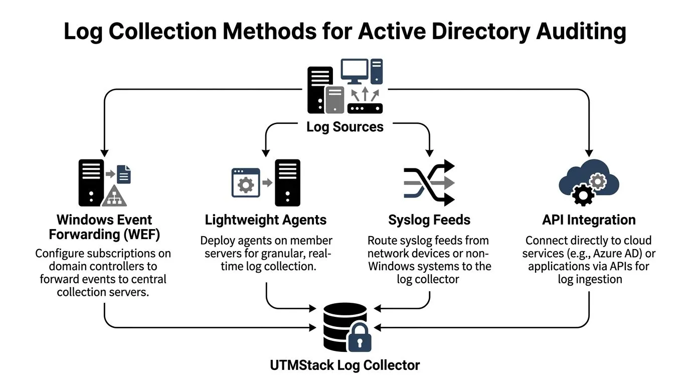 A diagram illustrating four common log collection methods used for auditing Active Directory and security systems.