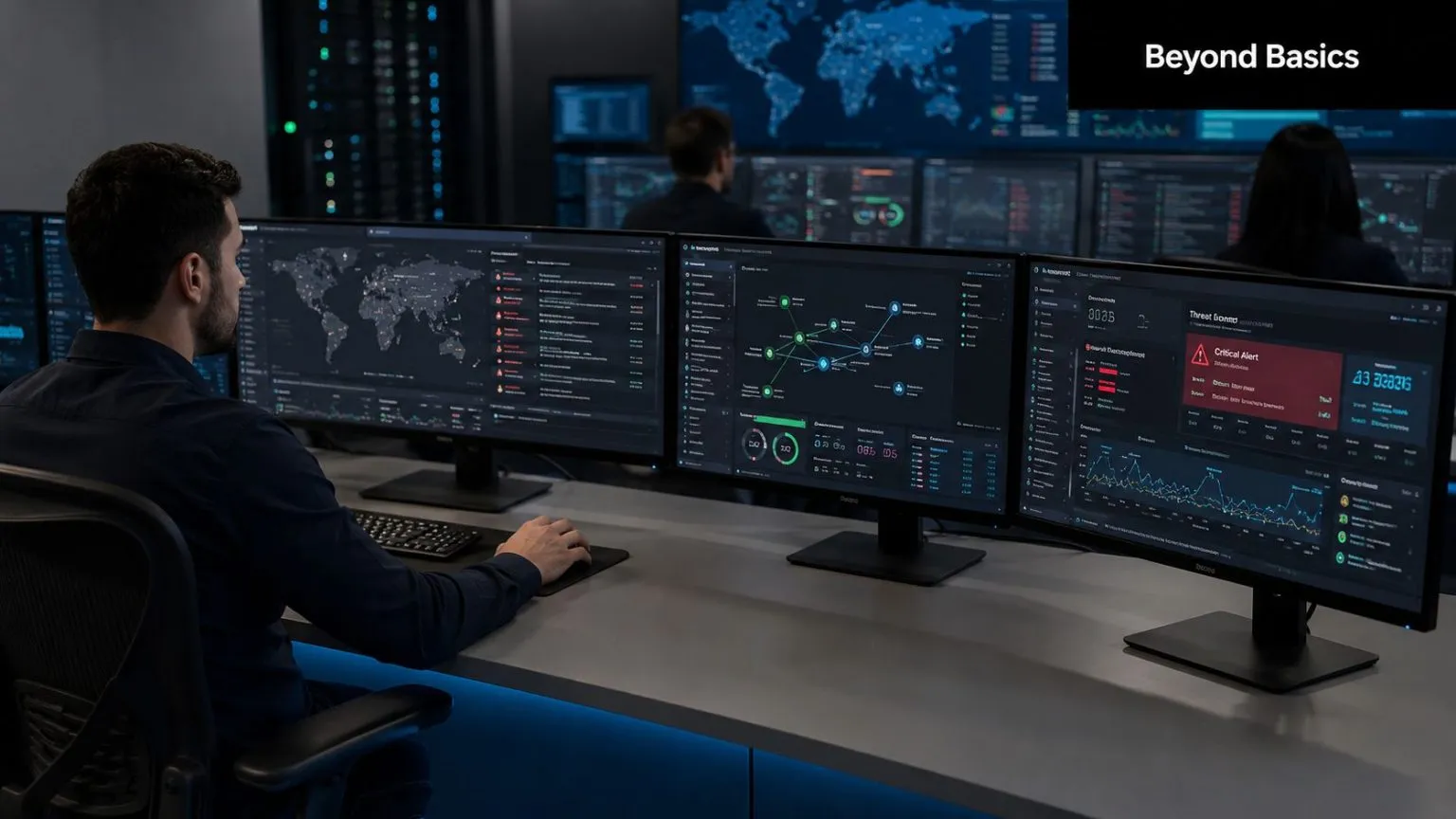 A cybersecurity professional monitoring global network threats and security alerts on a multi-monitor workstation setup.
