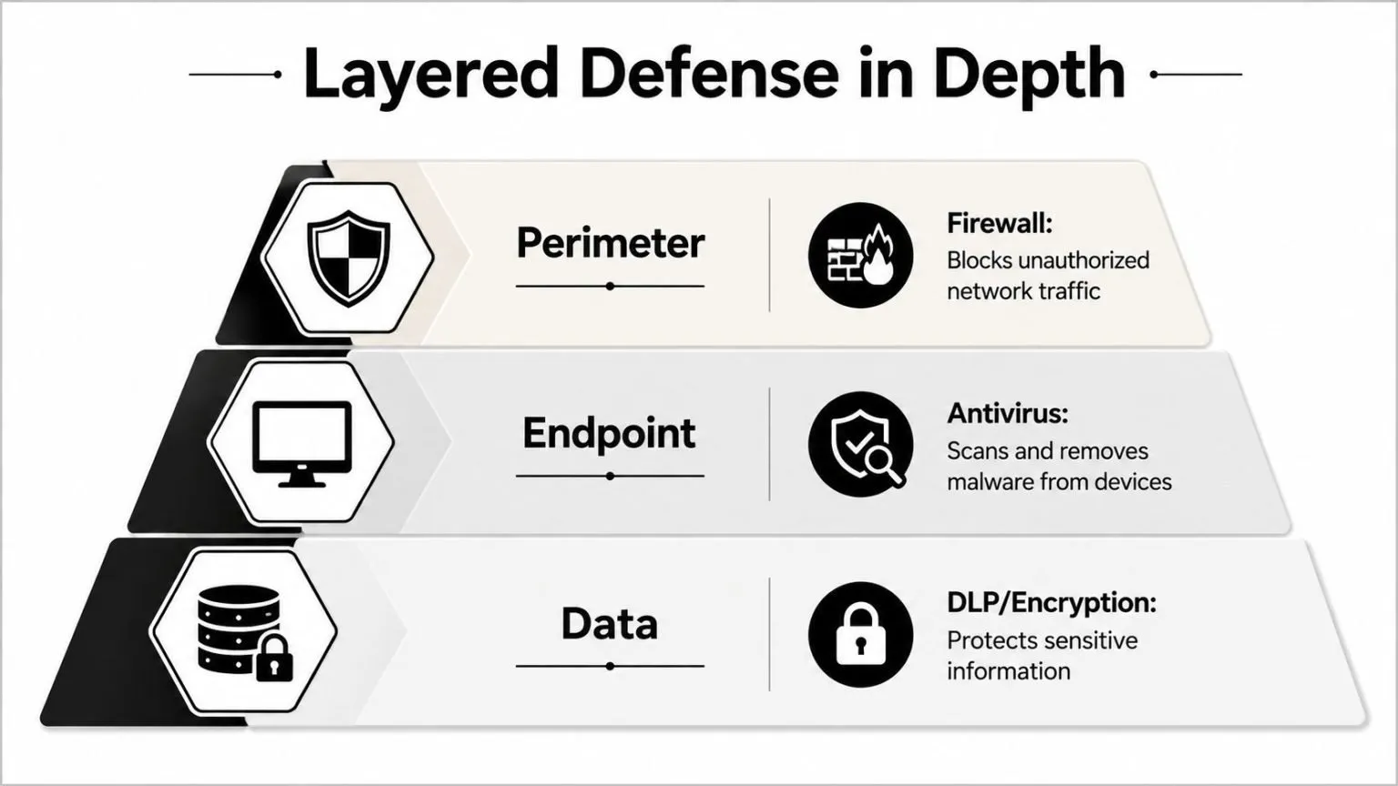 A diagram illustrating a layered defense in depth strategy, covering perimeter, endpoint, and data security layers.