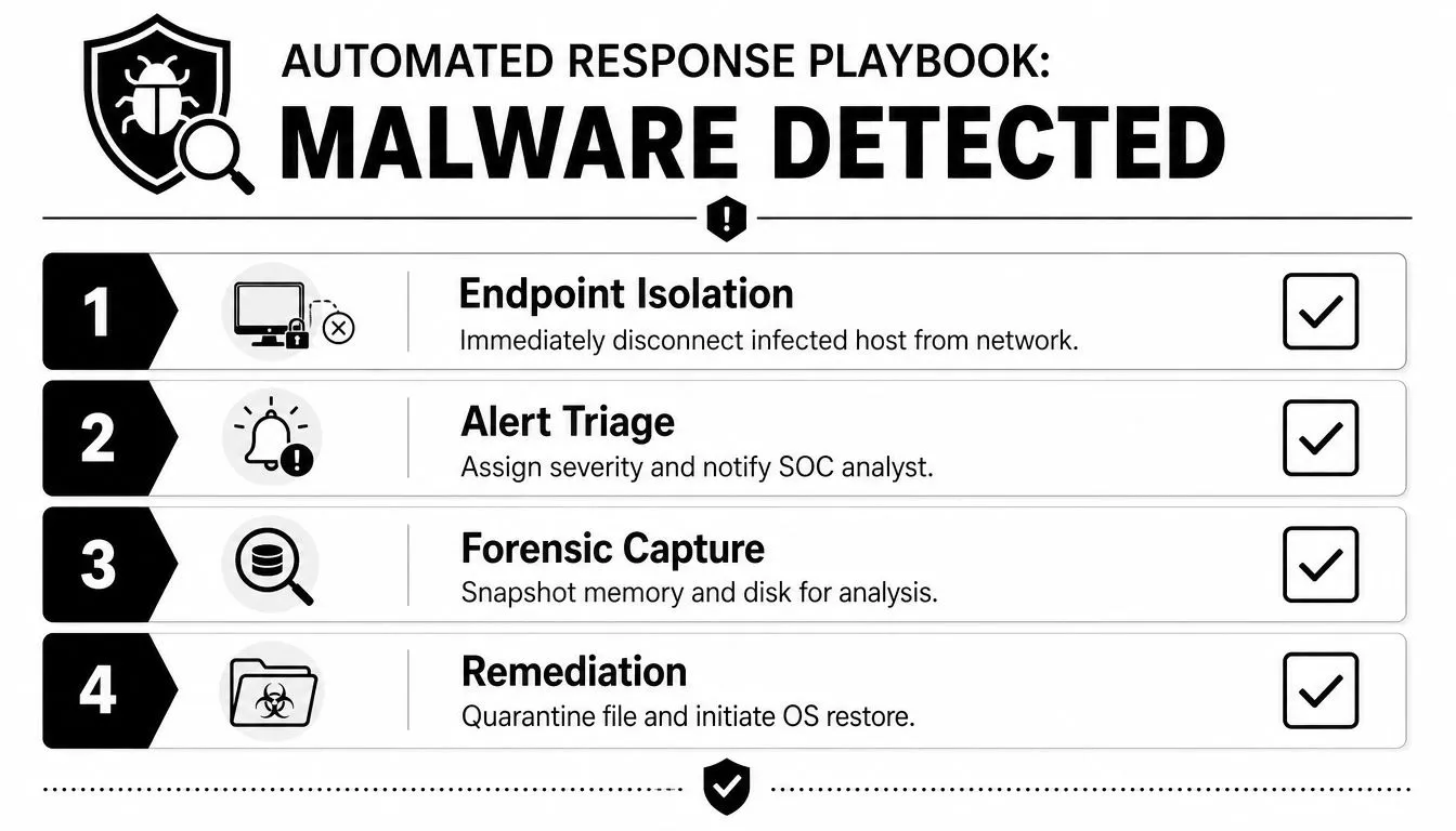 An infographic detailing a four-step automated response playbook for handling malware detection in a corporate network.