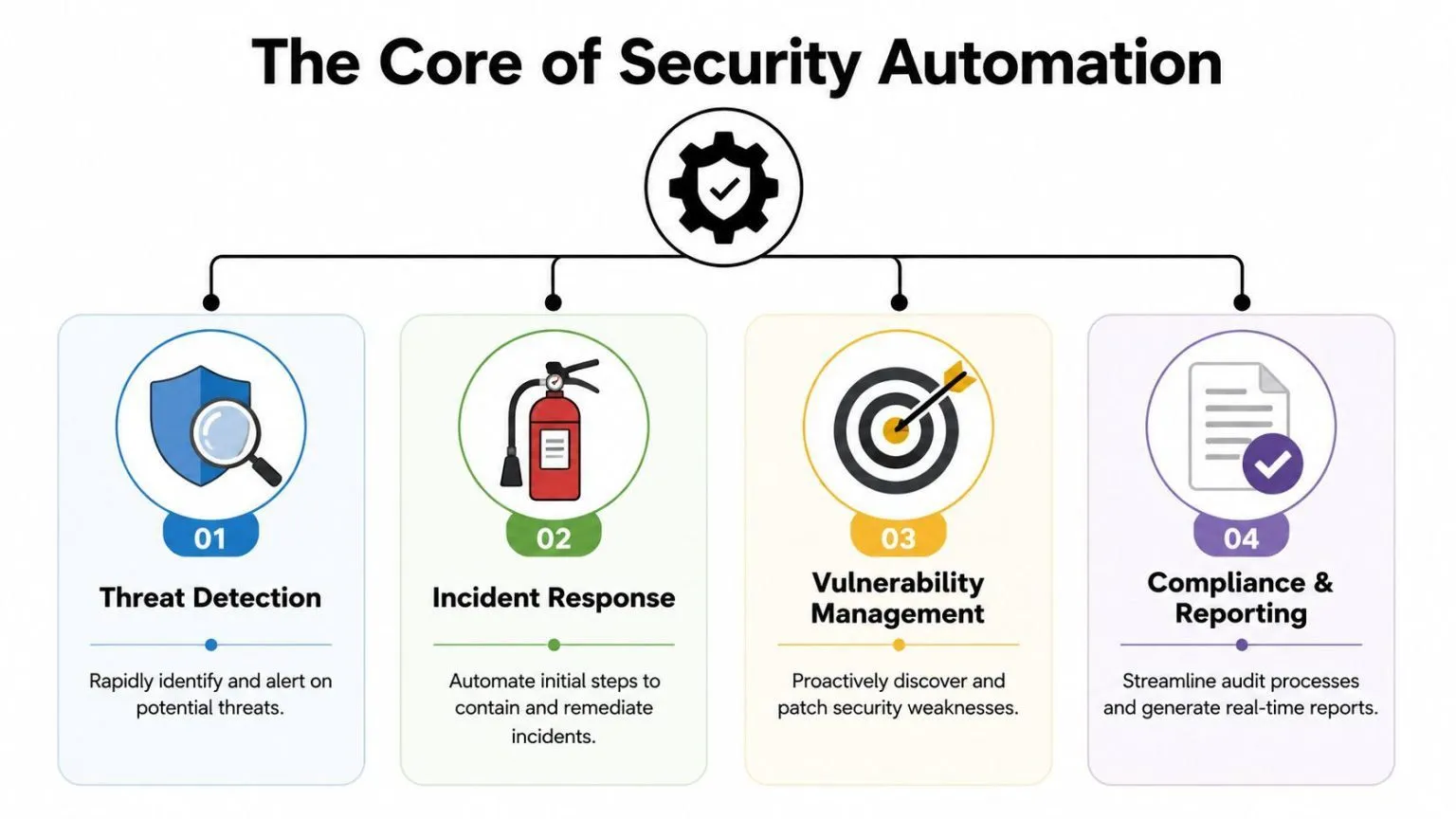 A diagram illustrating the four core components of security automation: threat detection, incident response, vulnerability management, and compliance.