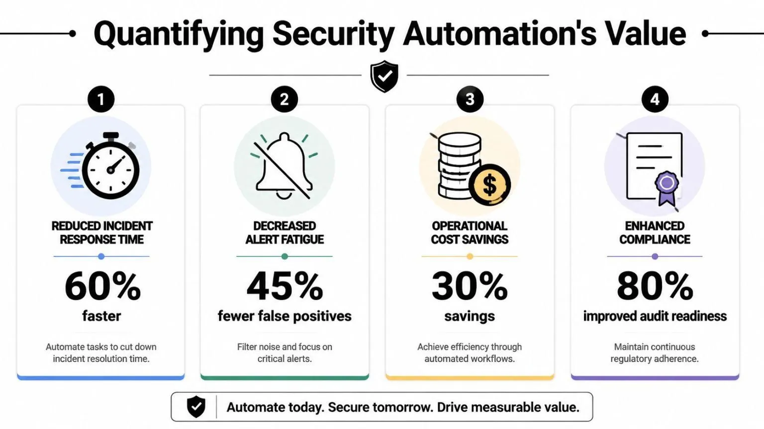 An infographic showing four key benefits of security automation, including faster response, fewer alerts, cost savings, and compliance.