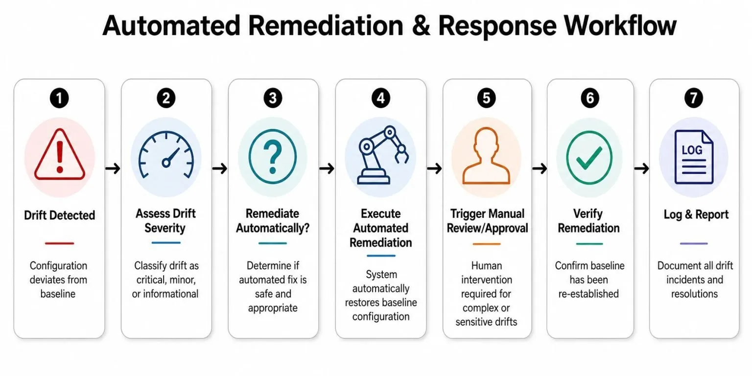 A seven-step flowchart illustrating an automated remediation and response workflow for managing configuration drift incidents.