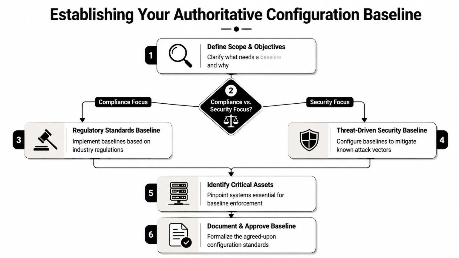 A flowchart showing the six steps for establishing an authoritative configuration baseline for organizational security and compliance.