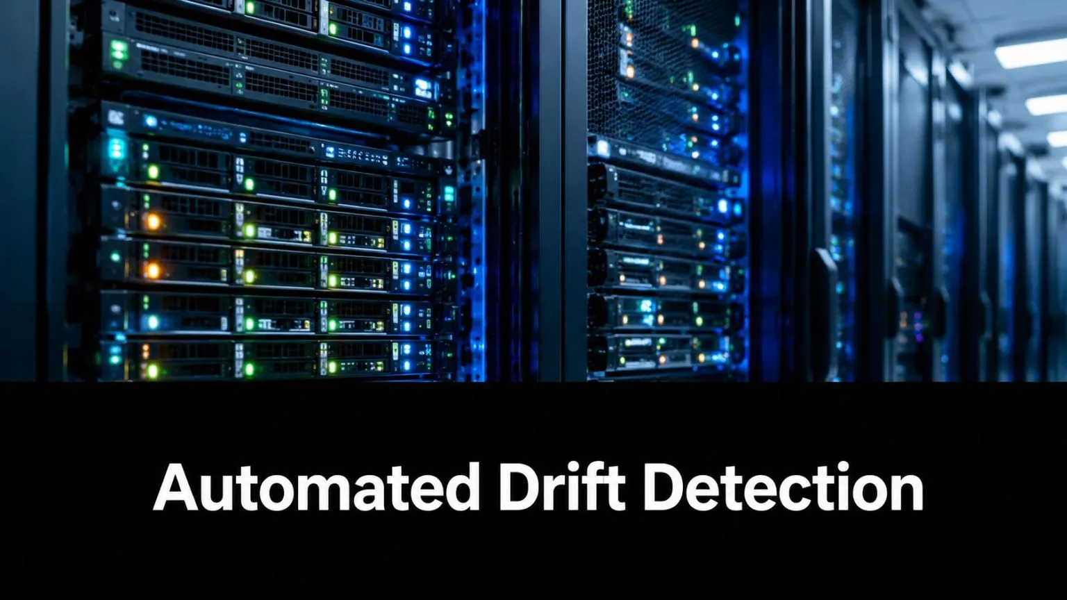 A data center with rows of high-performance server racks displaying blinking lights for automated infrastructure monitoring.