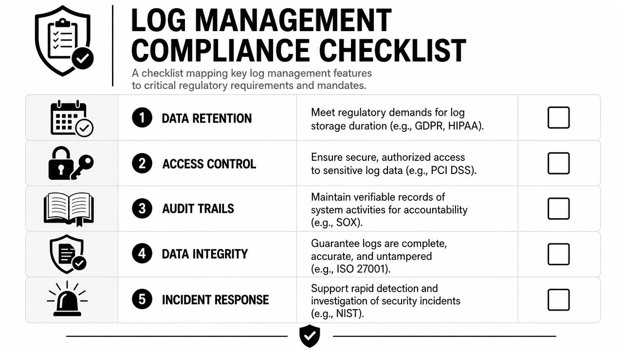 A checklist chart titled Log Management Compliance Checklist mapping five key security features to regulatory requirements.
