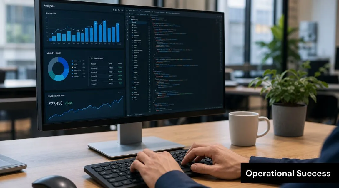 A professional working on a computer displaying analytics and code in a modern office environment.