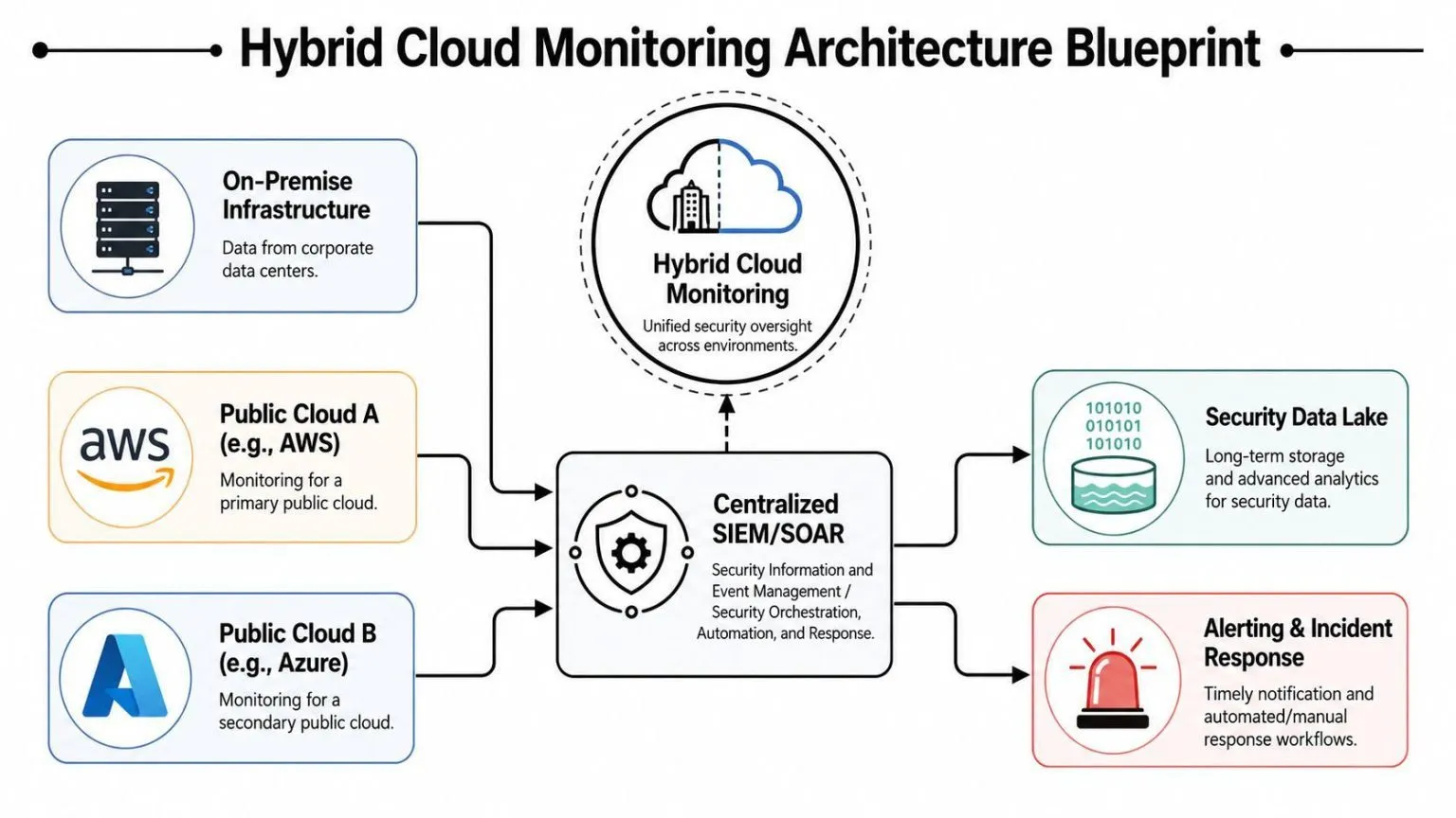 A diagram illustrating a hybrid cloud monitoring architecture blueprint connecting various cloud environments to a centralized SIEM/SOAR system.