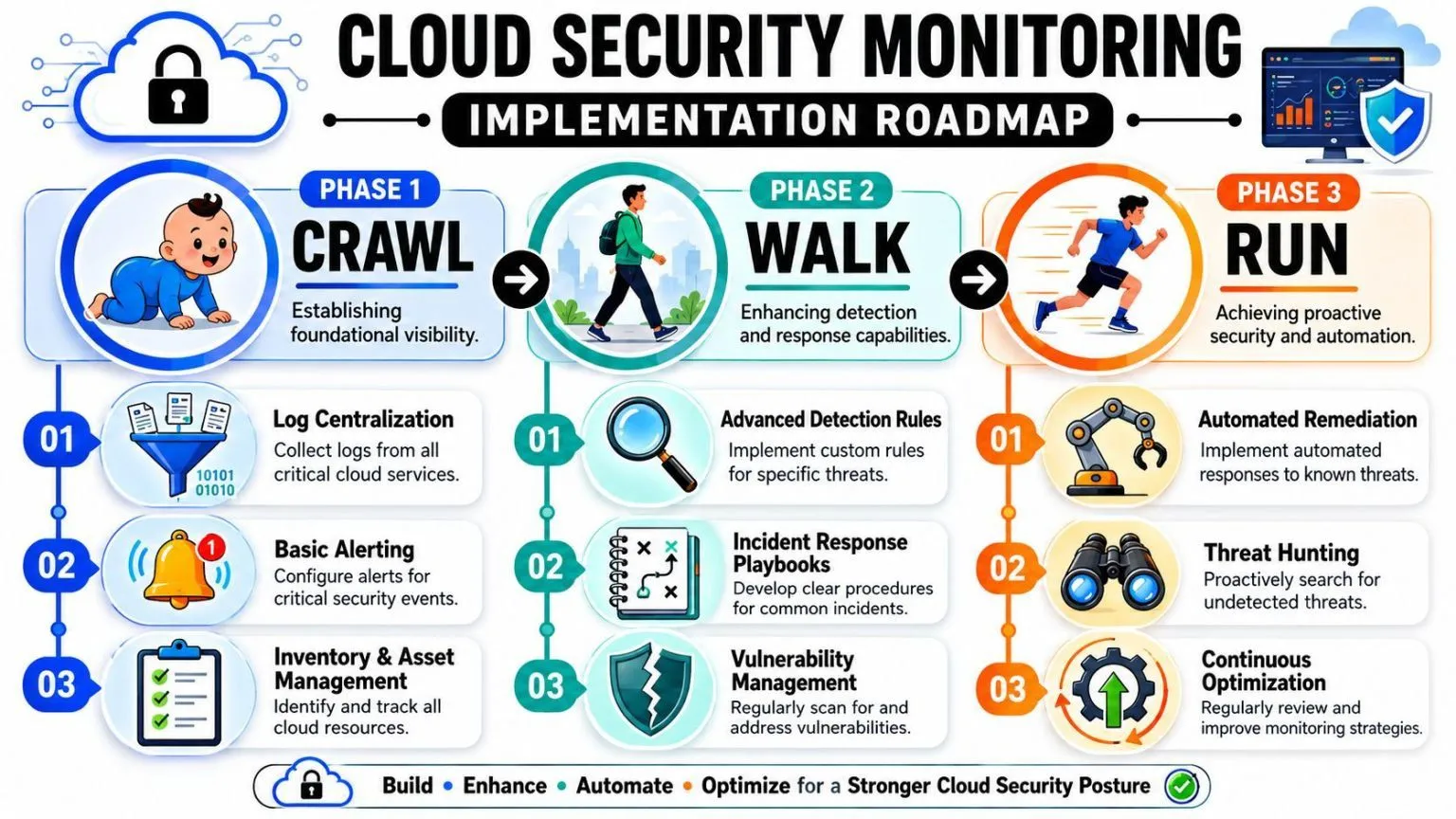 A roadmap graphic illustrating three phases of cloud security monitoring: crawl, walk, and run, with sub-tasks for each.