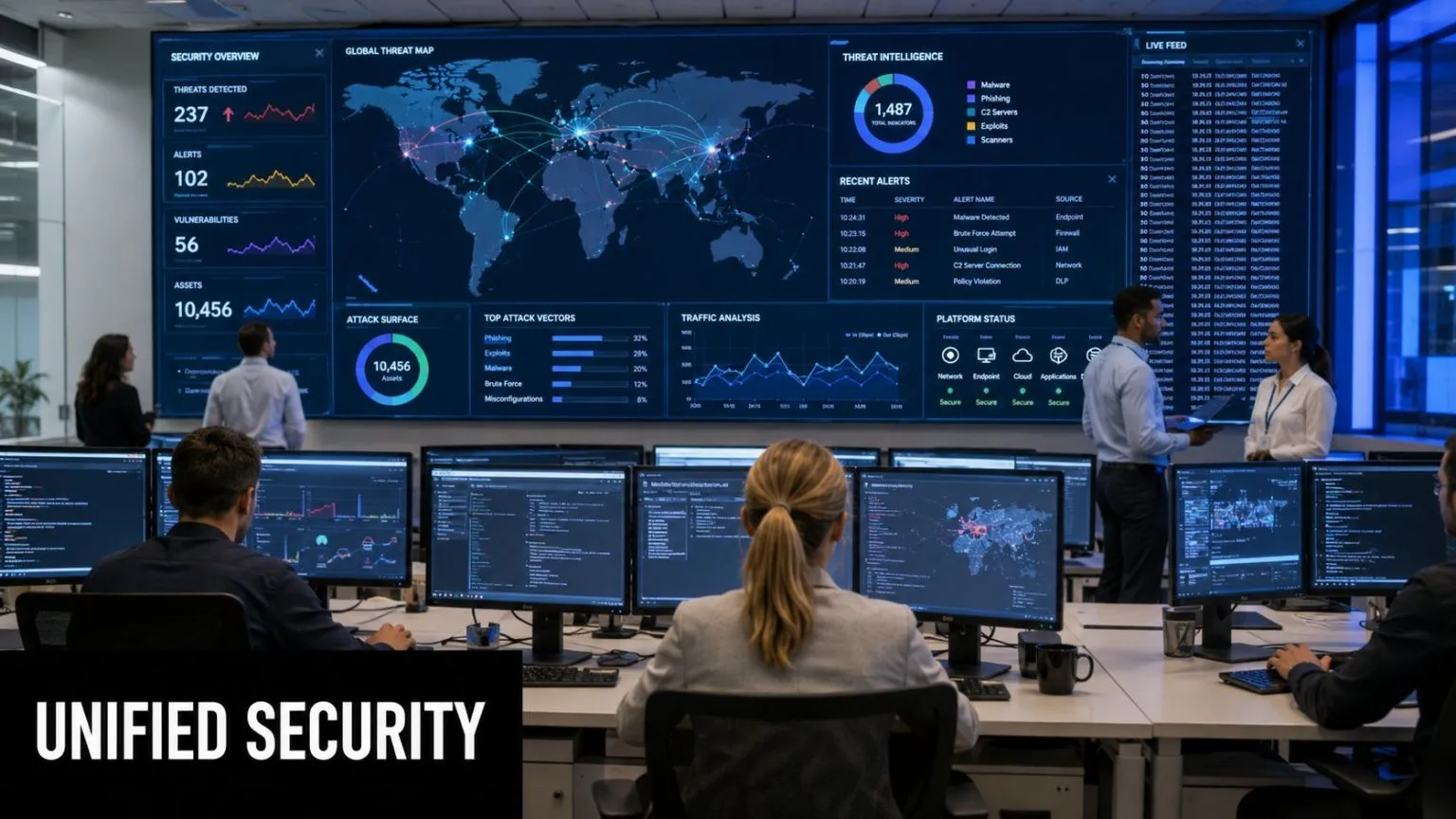 A professional team of analysts monitoring global cyber security threats on large digital dashboards in a dark office.
