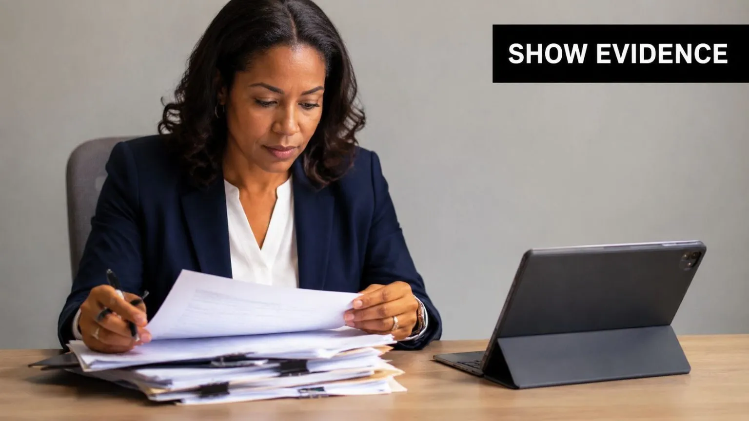 A professional woman in a business suit reviewing document files at her desk with a digital tablet.