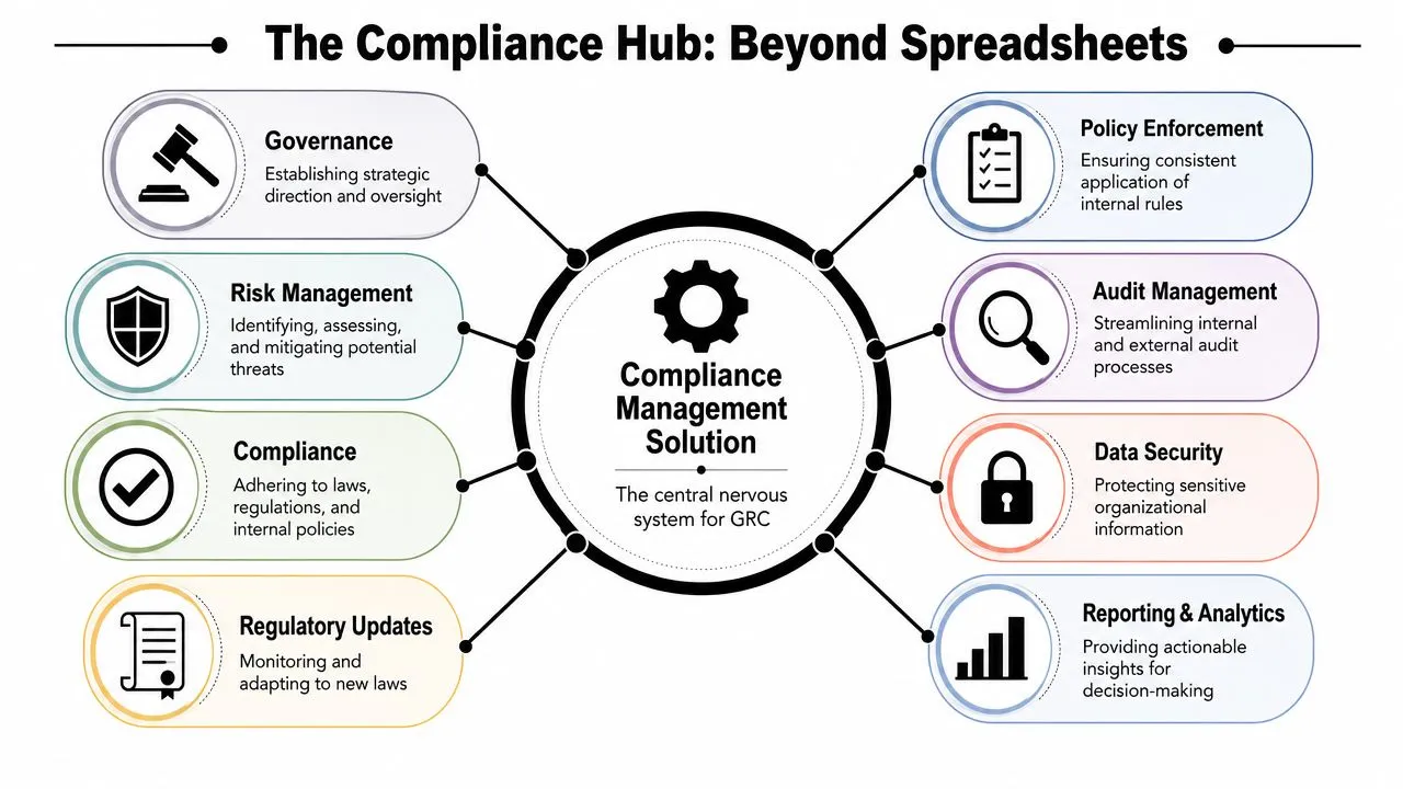 A diagram illustrating the core components of a central compliance management solution for organizational GRC processes.