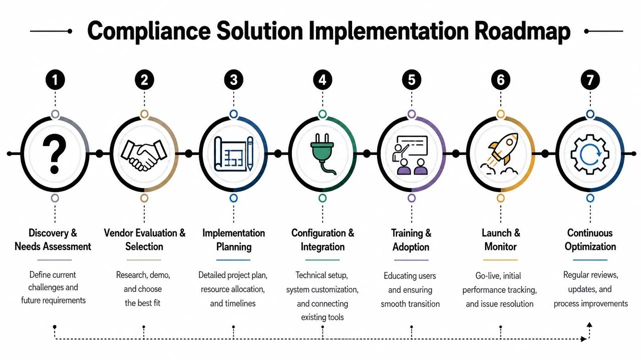 A seven-step compliance solution implementation roadmap, outlining the process from initial discovery to continuous optimization.