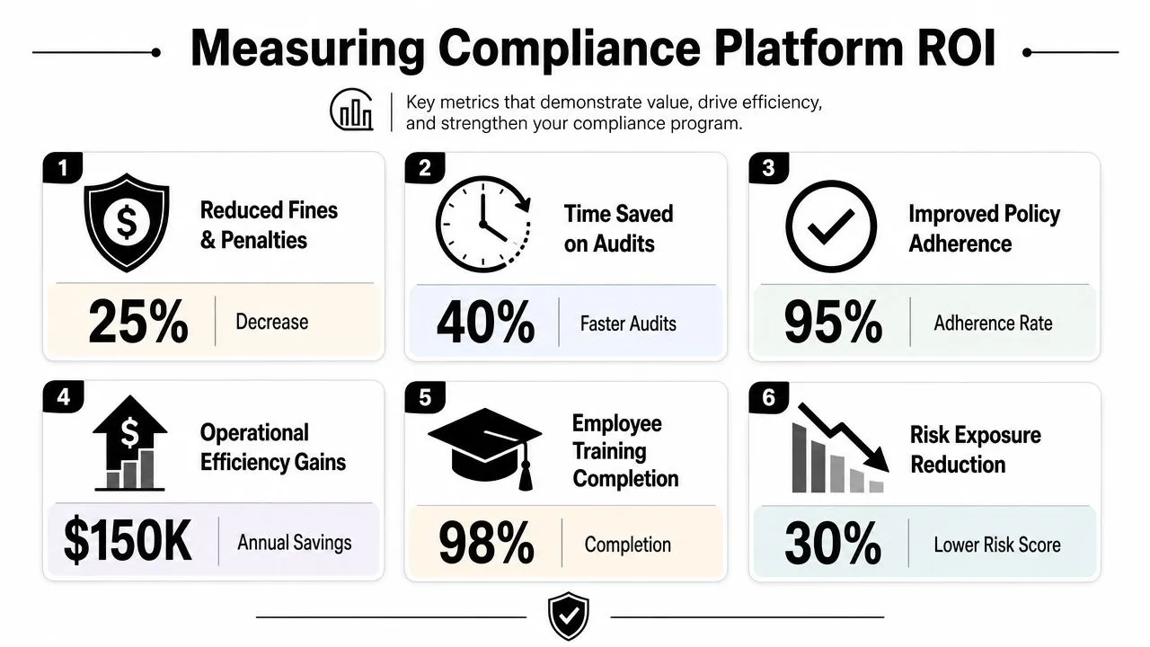 An infographic showing six key metrics for measuring the return on investment of a compliance platform.