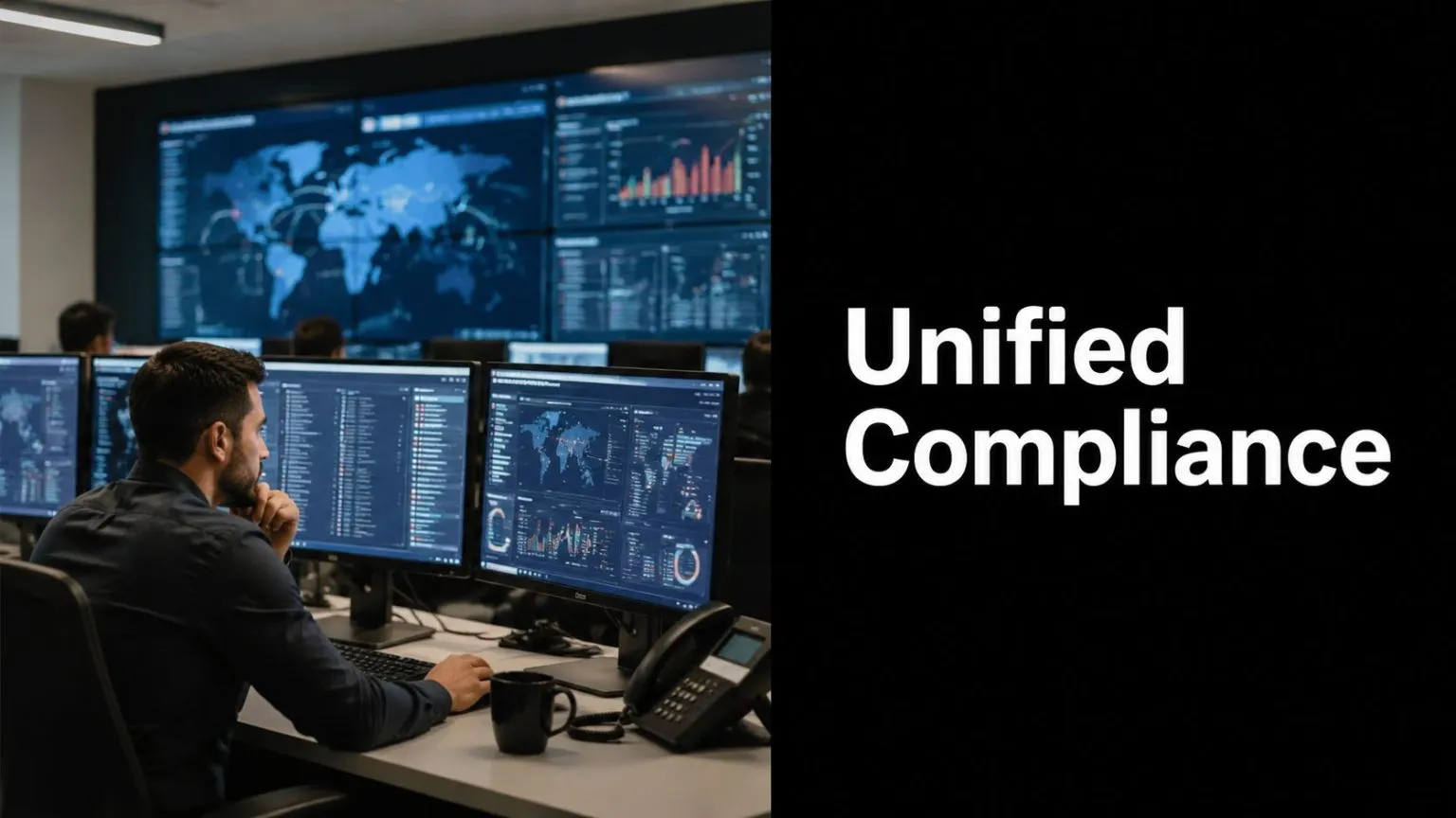 A professional working in a security operations center monitoring global data trends on multiple computer screens.