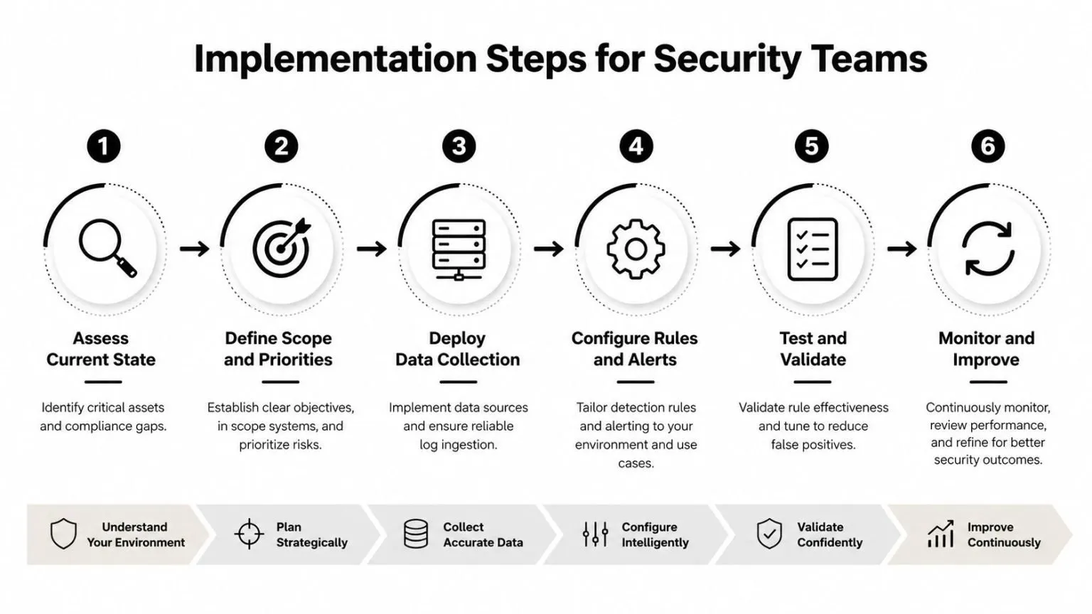 A six-step infographic detailing the implementation process for security teams, from assessment to continuous monitoring.