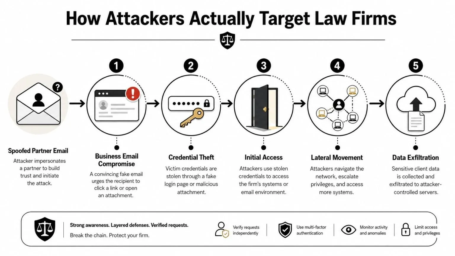 A diagram illustrating the five-step process attackers use to target law firms via email and data exfiltration.