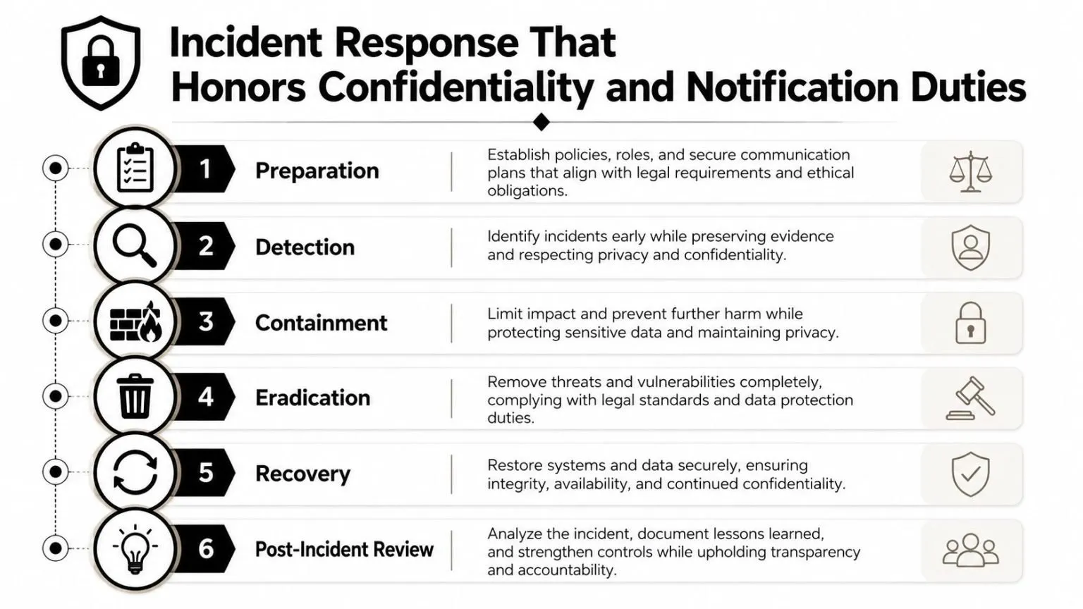 A six-step infographic detailing the incident response process for cyber security, prioritizing confidentiality and notification duties.