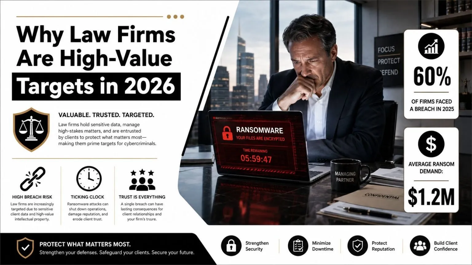 A professional infographic highlighting cybersecurity risks and ransomware threats facing law firms in 2026.
