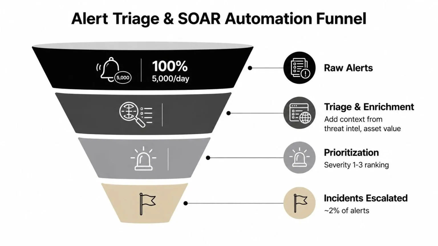 A funnel diagram illustrating the SOAR automation process for filtering and escalating cybersecurity alerts efficiently.