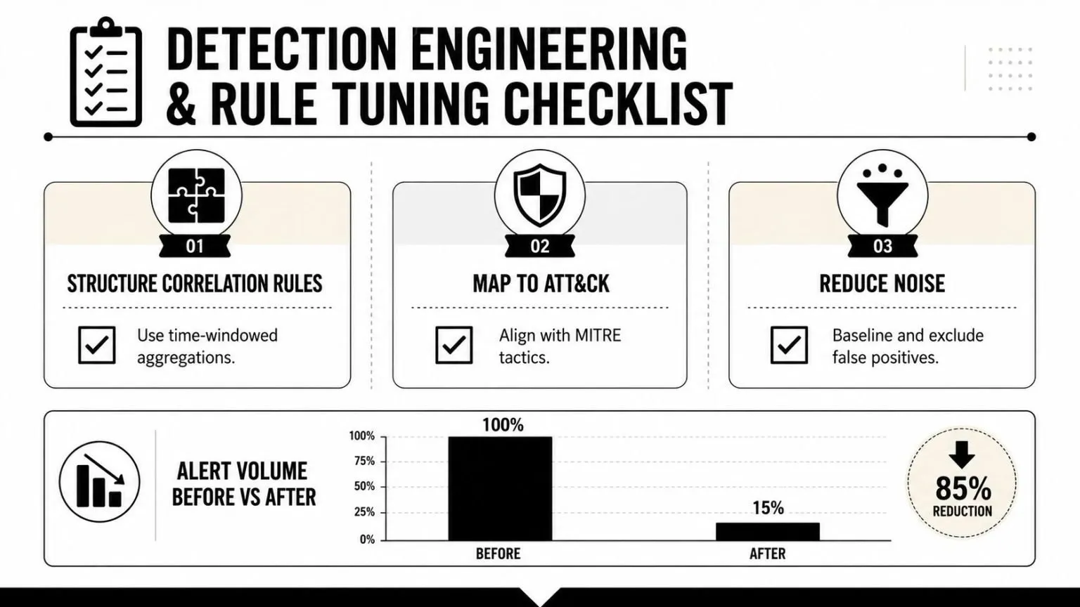 An infographic titled Detection Engineering and Rule Tuning Checklist detailing strategies to reduce alert volume effectively.