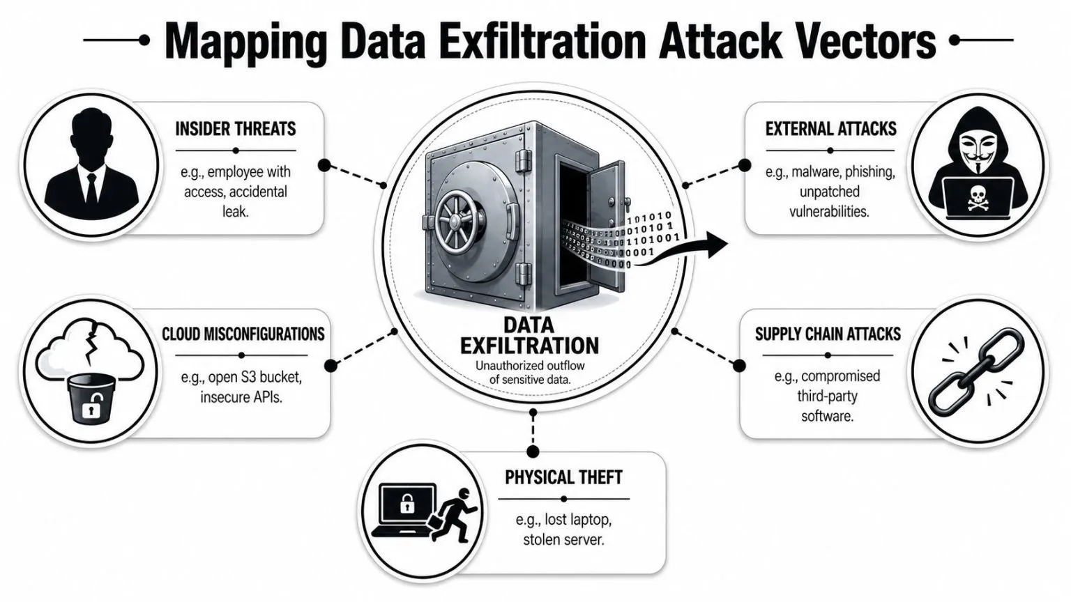 A diagram mapping five common attack vectors for unauthorized data exfiltration, including threats from insiders, external actors, and misconfigurations.
