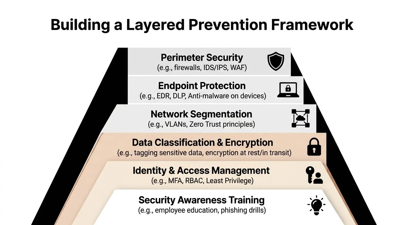 An infographic showing a layered pyramid representing essential components of a robust cybersecurity prevention framework.