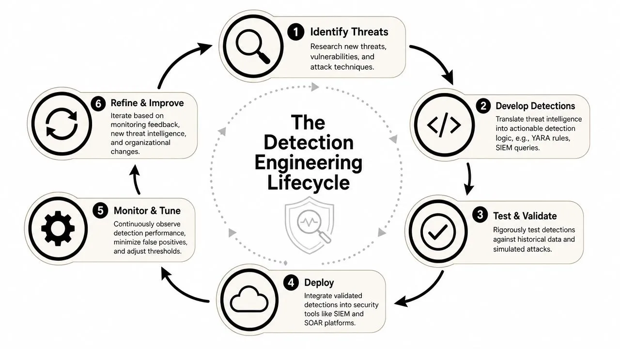 A circular diagram representing the six stages of the security detection engineering lifecycle from identification to improvement.