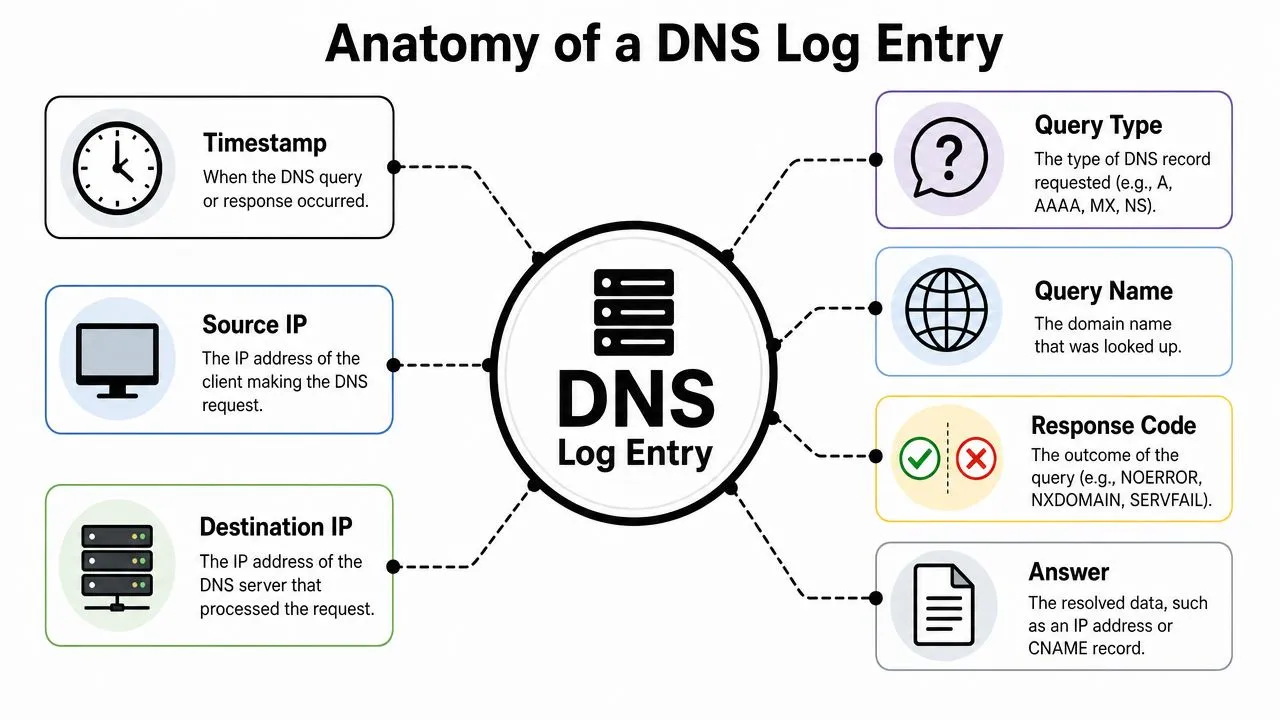 A diagram illustrating the seven core components that make up a standard DNS log entry.