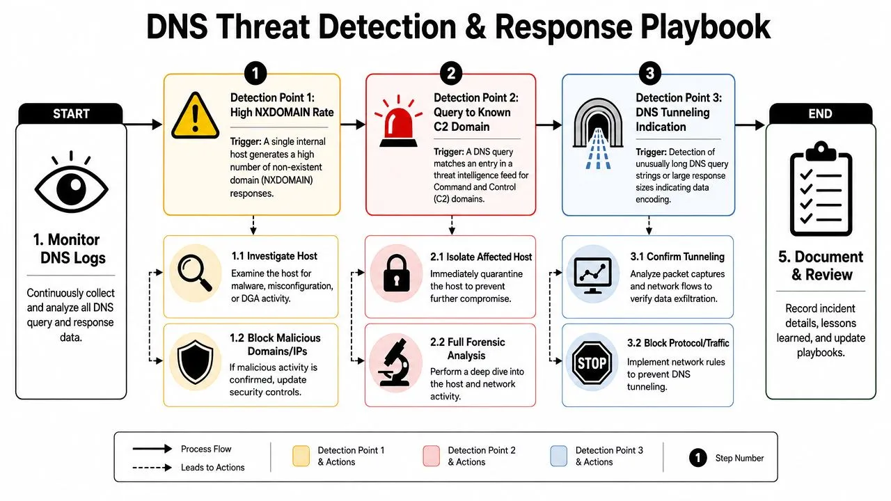 A flowchart showing the DNS threat detection and response playbook process for identifying and handling security incidents.