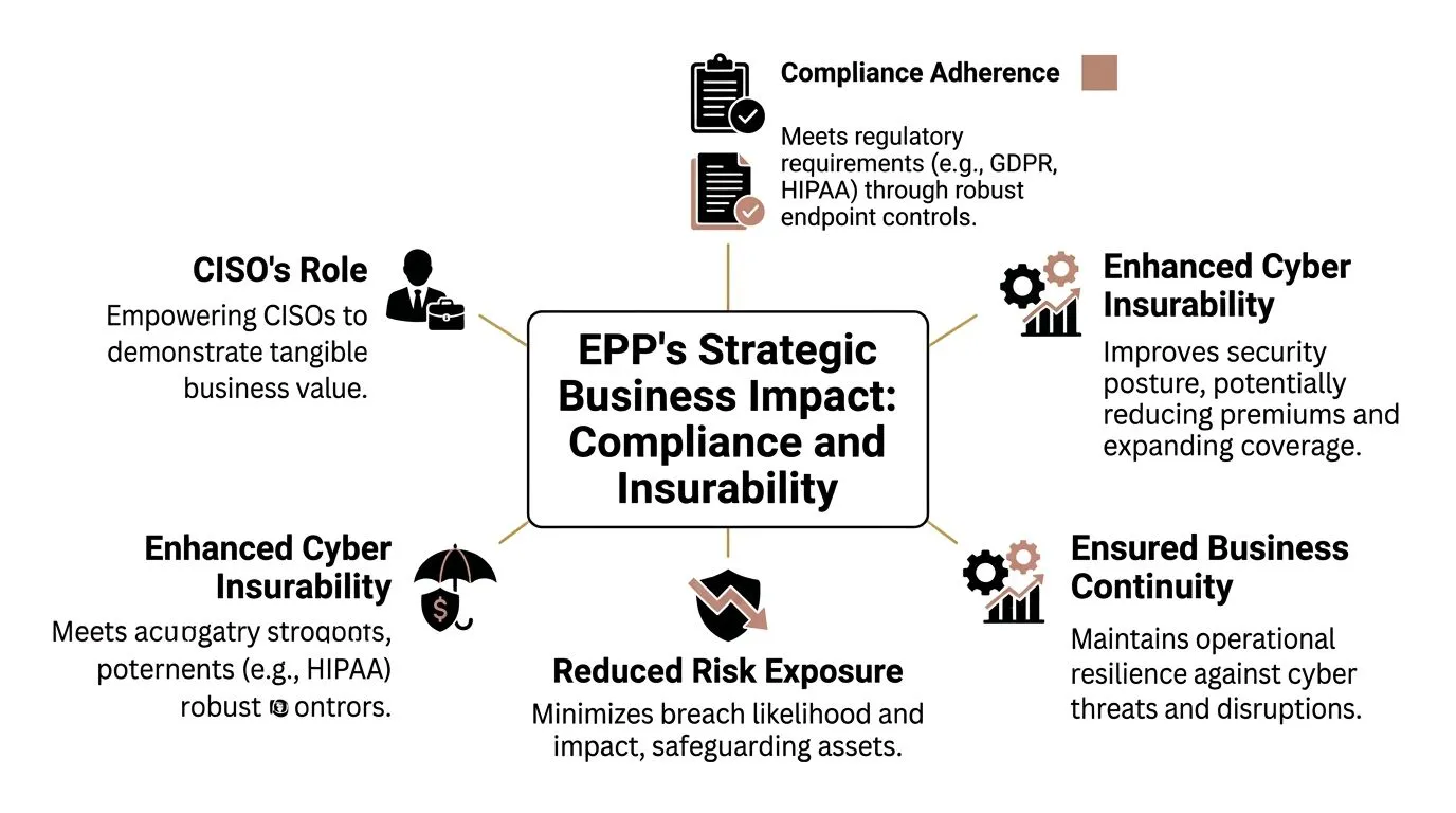 A diagram illustrating the strategic business impact of Endpoint Protection Platforms on compliance and cyber insurability.