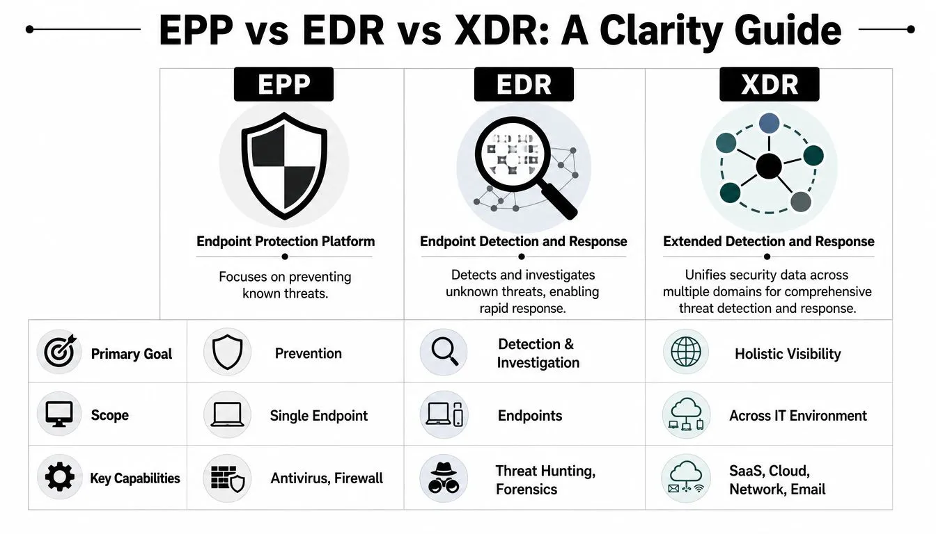 A comparison chart explaining the differences between EPP, EDR, and XDR security solutions and their capabilities.