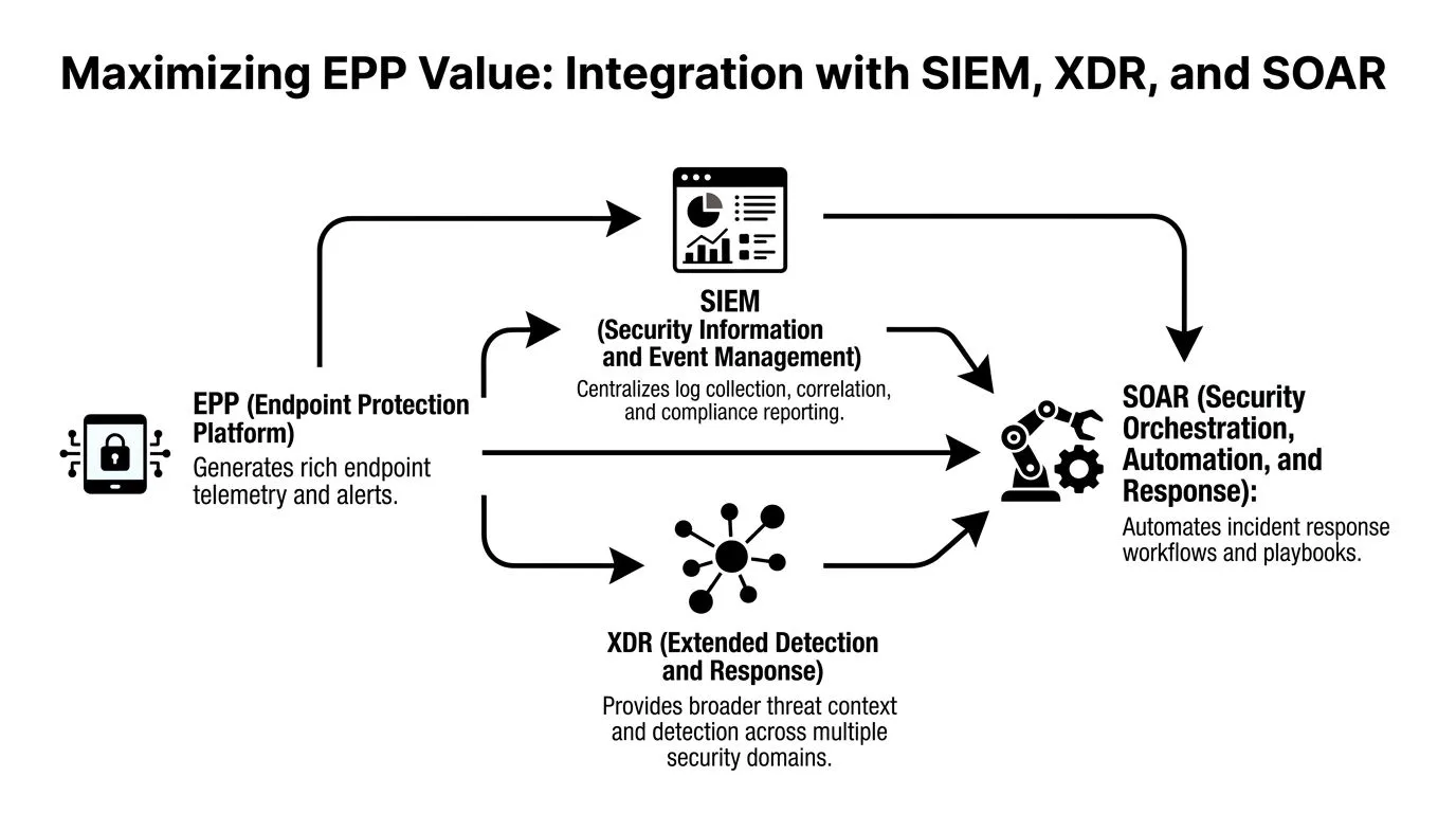 A diagram illustrating how Endpoint Protection Platform integrates with SIEM, XDR, and SOAR technologies for security.