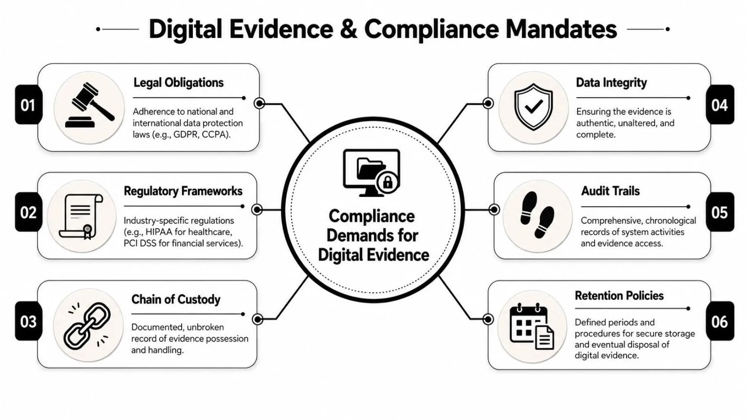 A diagram illustrating compliance requirements for digital evidence including legal obligations, data integrity, and chain of custody.