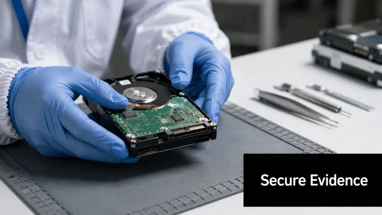 A technician wearing blue protective gloves examines a hard drive for forensic evidence preservation in a lab.