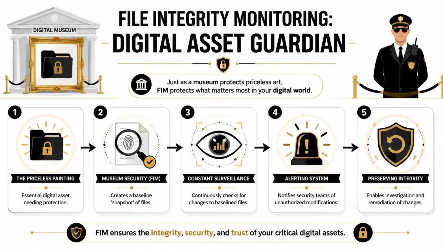 An infographic illustrating the five steps of File Integrity Monitoring as a digital asset guardian.