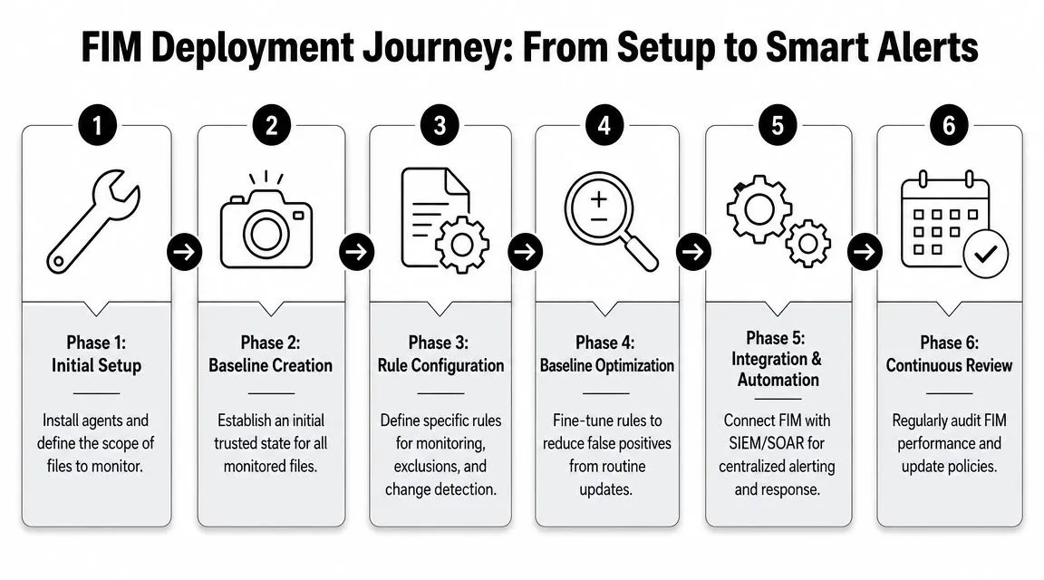 A six-phase infographic diagram illustrating the step-by-step journey of deploying File Integrity Monitoring (FIM).
