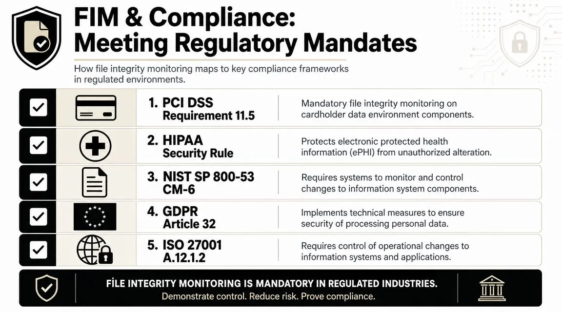 An infographic illustrating how file integrity monitoring aligns with major regulatory compliance frameworks like PCI DSS, HIPAA, and GDPR.