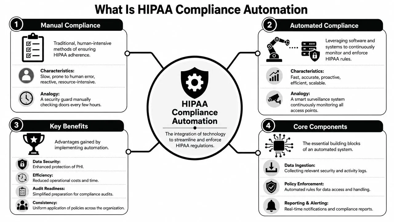 An infographic diagram explaining HIPAA compliance automation, contrasting manual processes with automated technological systems and key benefits.