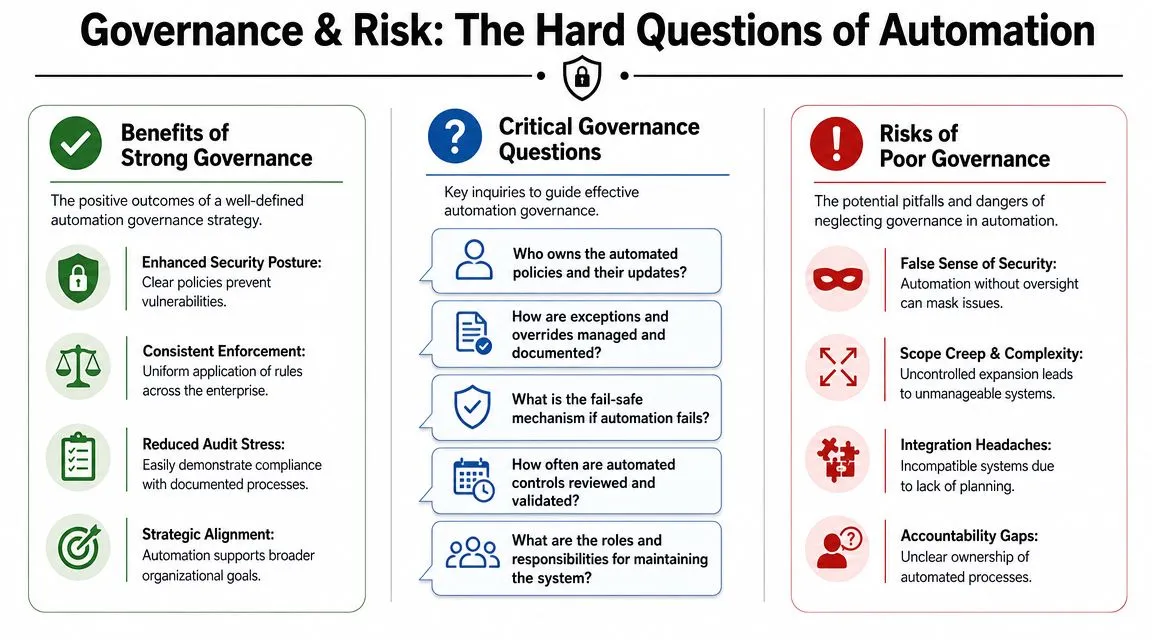 An infographic titled Governance & Risk detailing benefits, critical questions, and risks related to automation compliance.