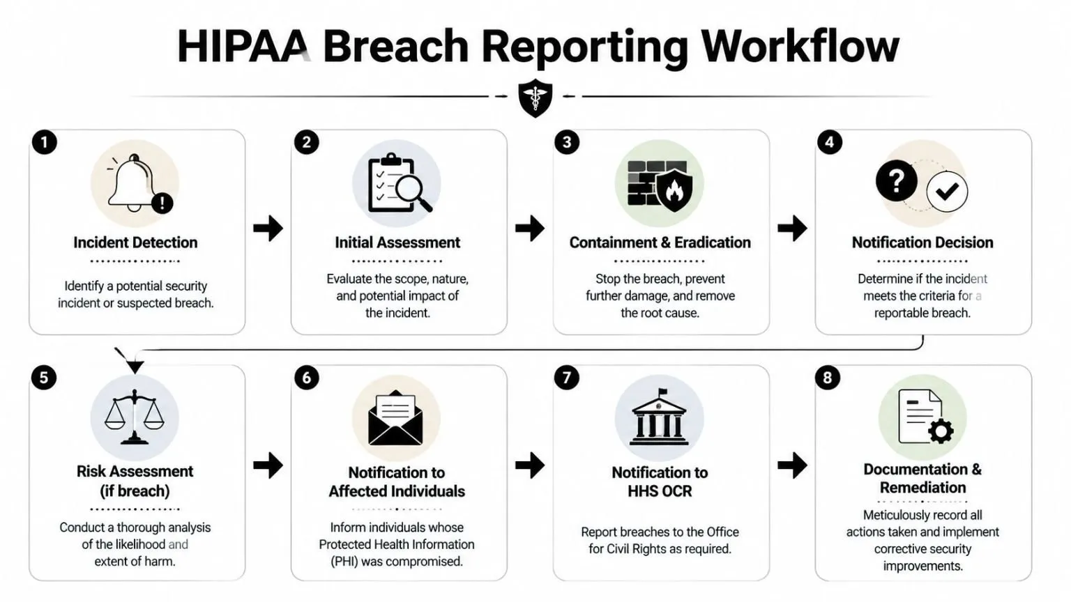 A step-by-step HIPAA breach reporting workflow infographic showing eight stages from incident detection to final documentation.