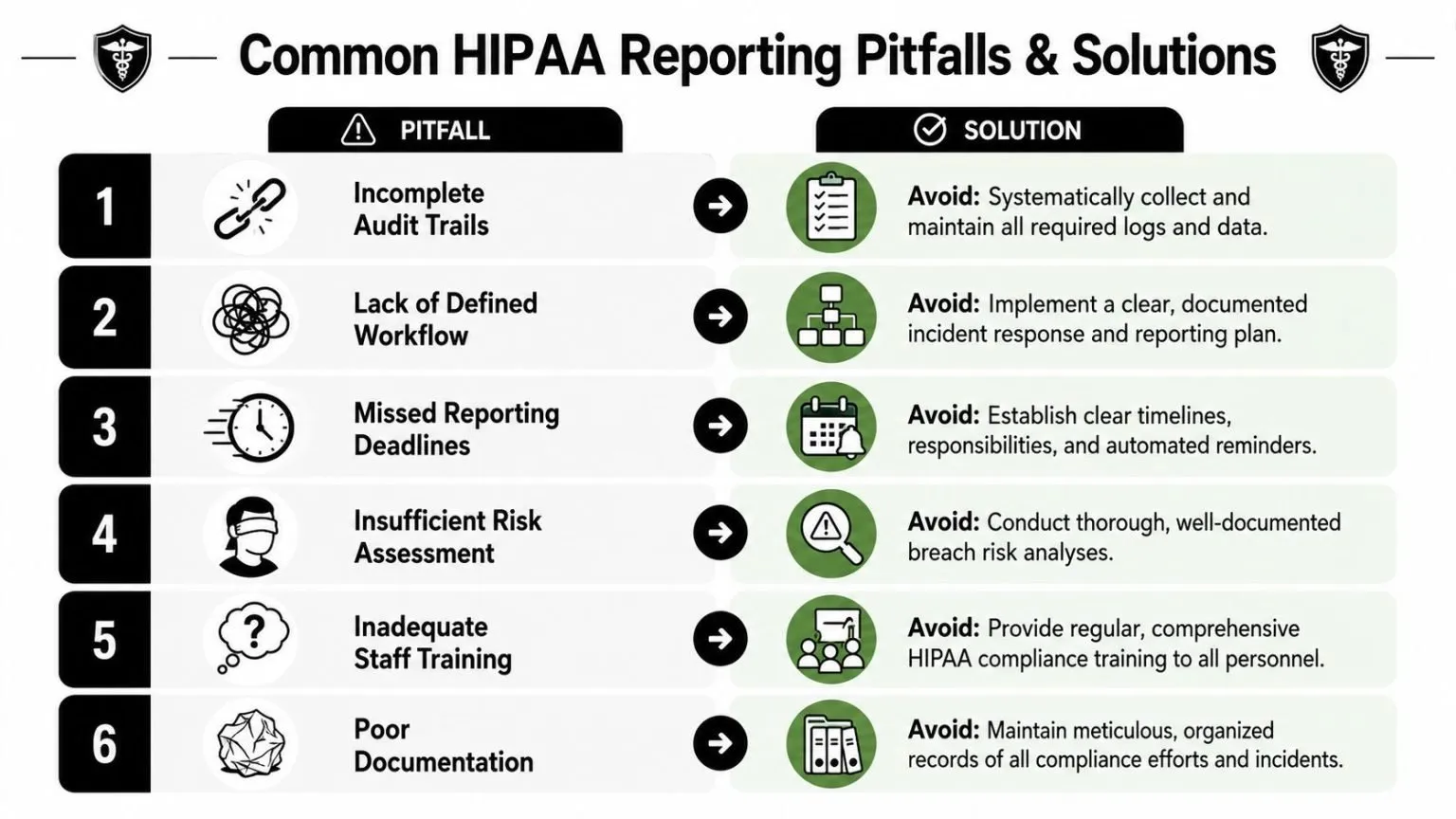 An infographic titled Common HIPAA Reporting Pitfalls & Solutions outlining six key errors and their preventive measures.