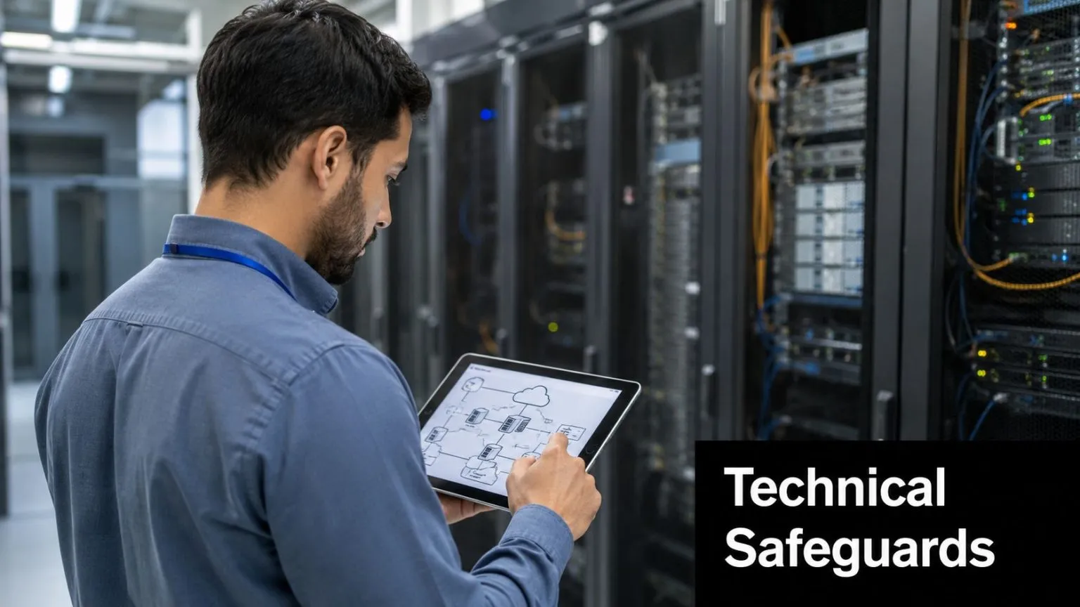An IT technician checking network infrastructure on a digital tablet in a professional server room data center.