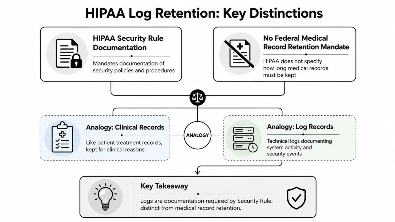 An infographic detailing the differences between HIPAA security rule documentation and federal medical record retention mandates.