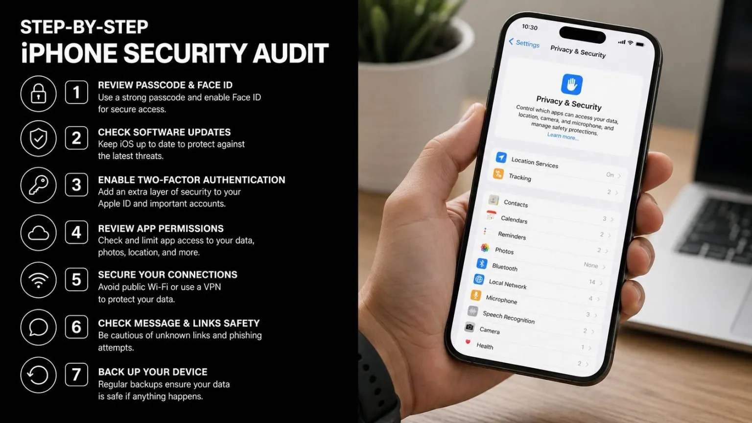 A hand holding an iPhone displaying privacy settings alongside a numbered list for iPhone security auditing.