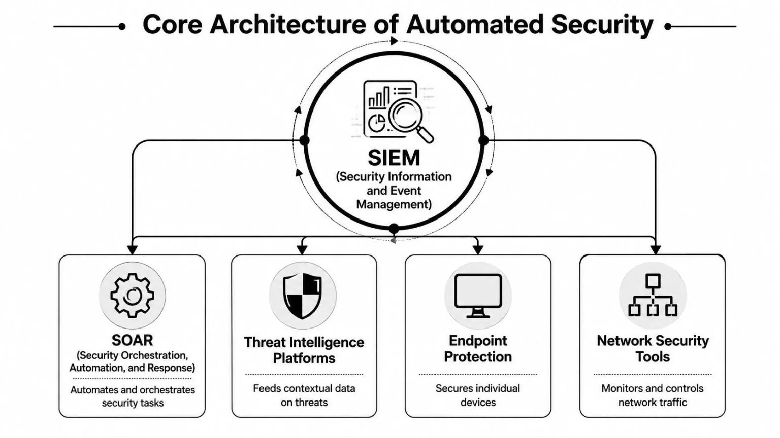A diagram illustrating the core architecture of automated security with SIEM at the center connecting four components.