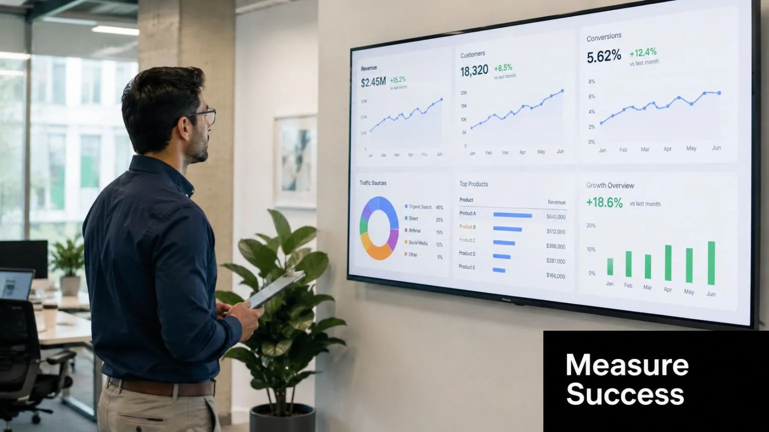 A professional man standing in an office and analyzing business performance data on a large wall screen.