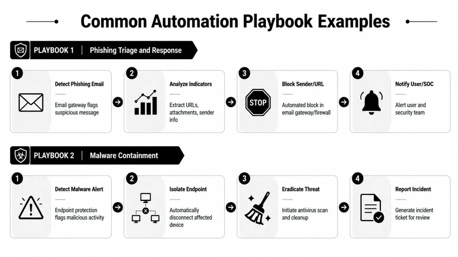 A diagram illustrating common automation playbooks for cybersecurity incidents, specifically Phishing Triage and Malware Containment workflows.